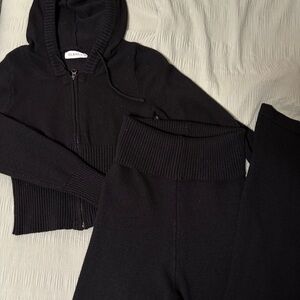 Black Knit Hoodie and High-Waist Pants Set